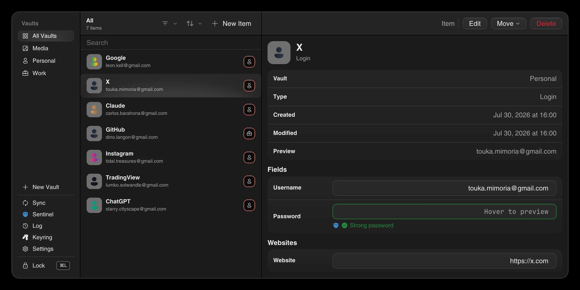9Secure password manager showing a selected X login and Sentinel password status